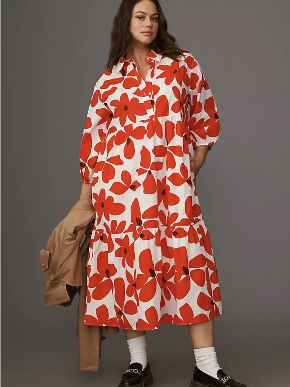 Anthropologie Maeve Bettina Tiered Midi Shirt Dress Red Motif Floral Large